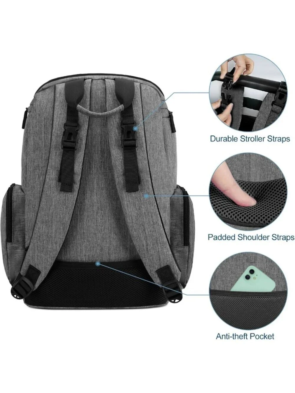 Stylish Waterproof Diaper Bag Backpack with Insulated Pockets & Stroller Straps